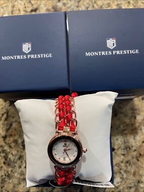 Montres Prestige Women's Red Braided Strap Watch with Rose Gold Case